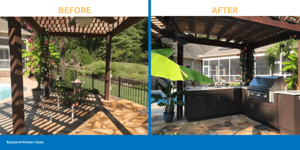 Midrange Backyard Kitchen Oasis, Before and After